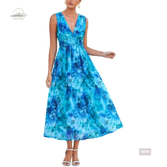 Dresses & Skirts - Sleeveless V-Neck Maxi Dress Floral Print Elastic Waist Wedding Guest